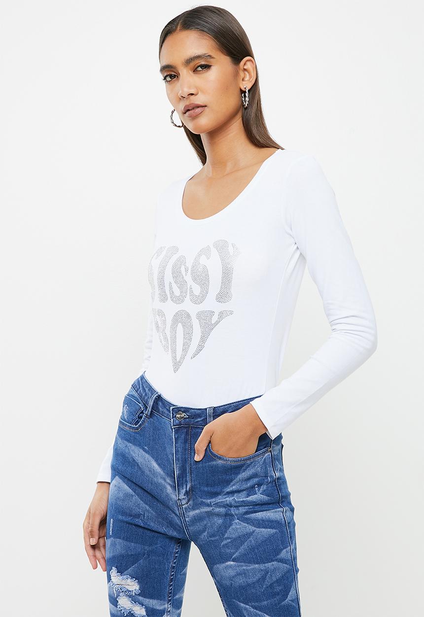 SISSY BOY - Long sleeve bling logo top - white