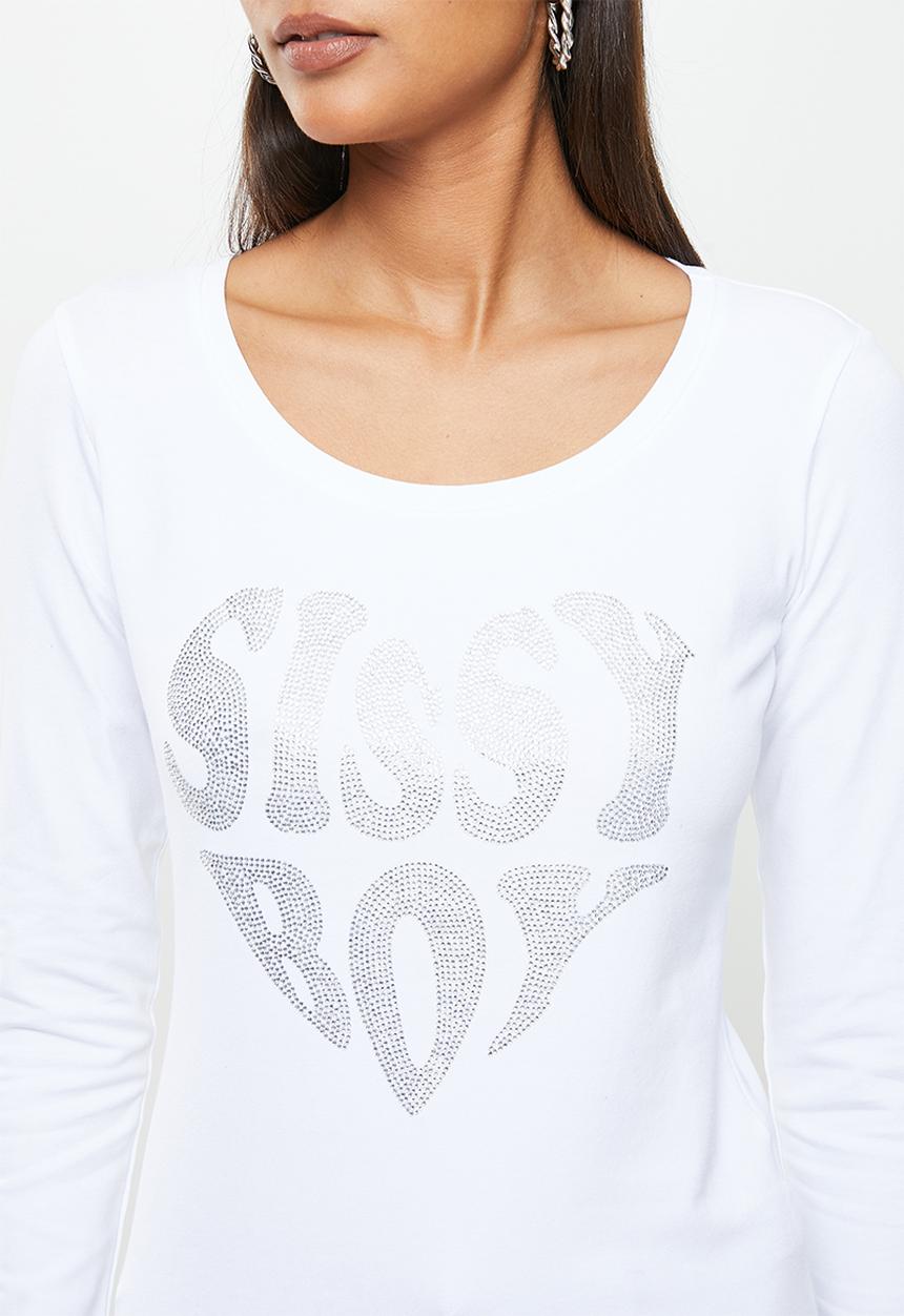 SISSY BOY - Long sleeve bling logo top - white