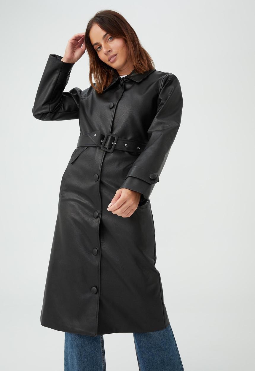 Cotton On - Vegan leather mac collar trench - black
