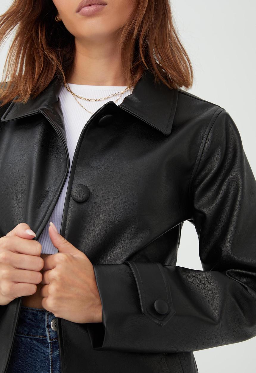 Cotton On - Vegan leather mac collar trench - black