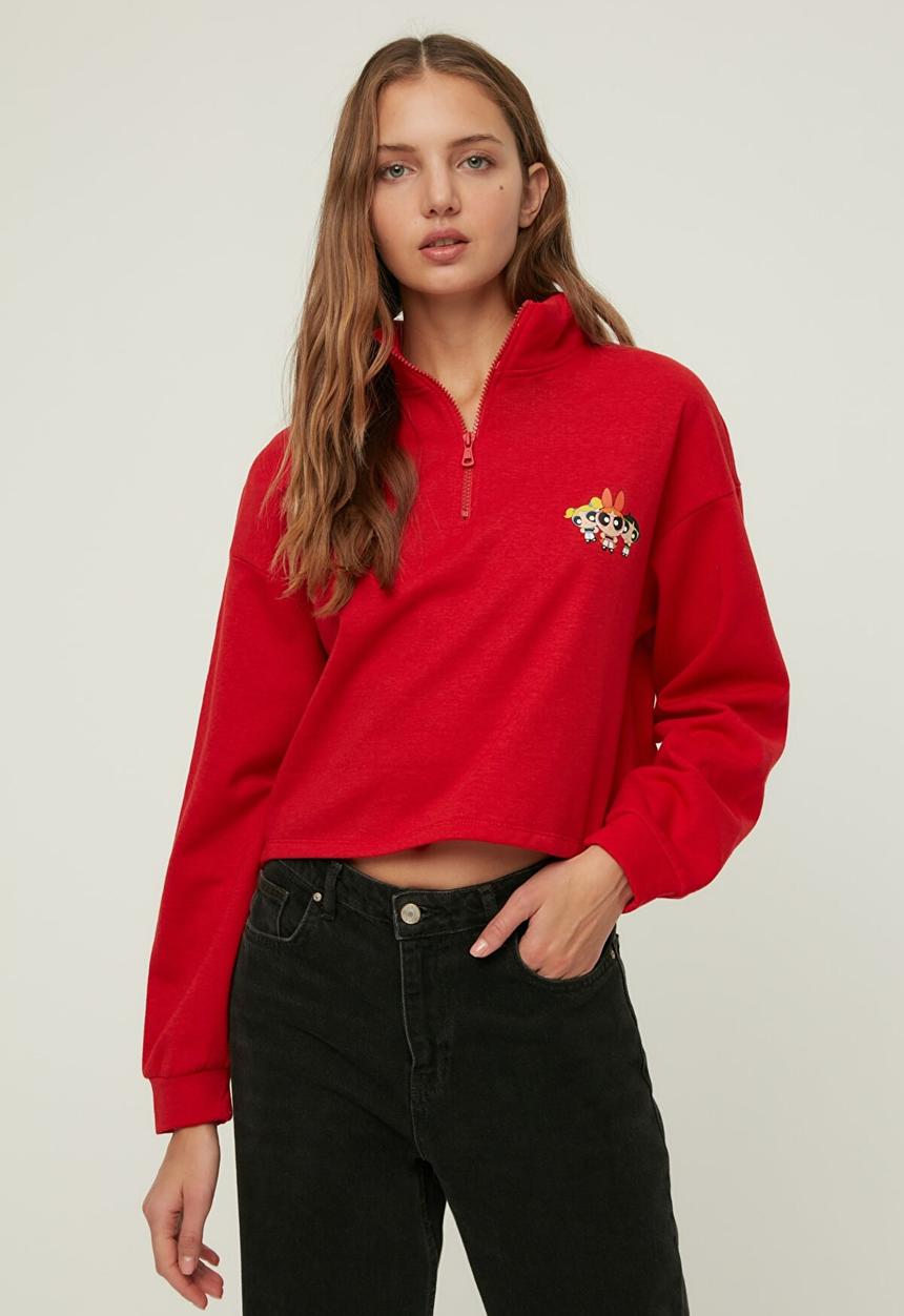 Trendyol - Powerpuff girls licensed printed zippered crop knitted slim sweatshirt  -  red