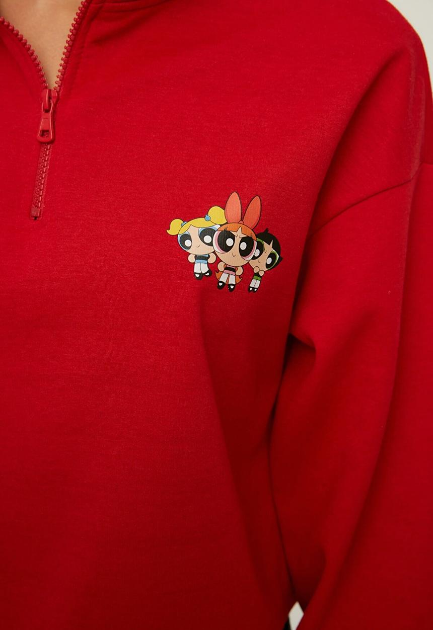 Trendyol - Powerpuff girls licensed printed zippered crop knitted slim sweatshirt  -  red