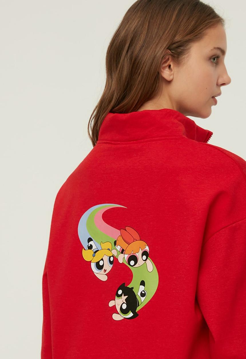 Trendyol - Powerpuff girls licensed printed zippered crop knitted slim sweatshirt  -  red