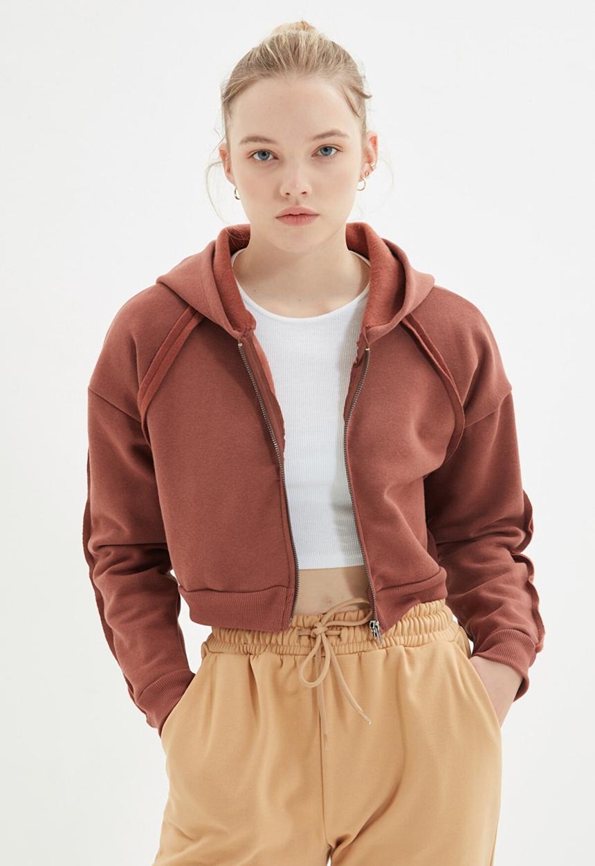 Trendyol - Basic hooded ragged pile knitted sweatshirt - brown