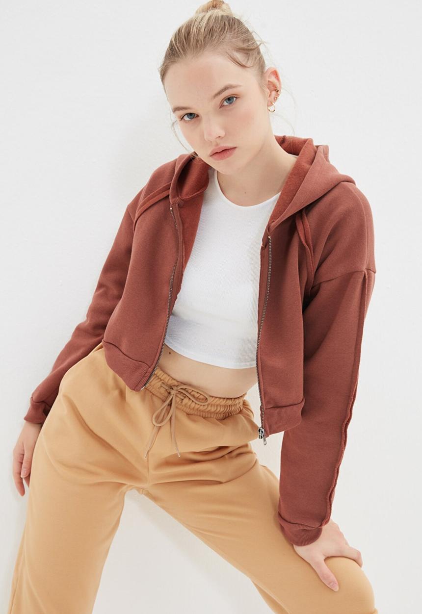 Trendyol - Basic hooded ragged pile knitted sweatshirt - brown