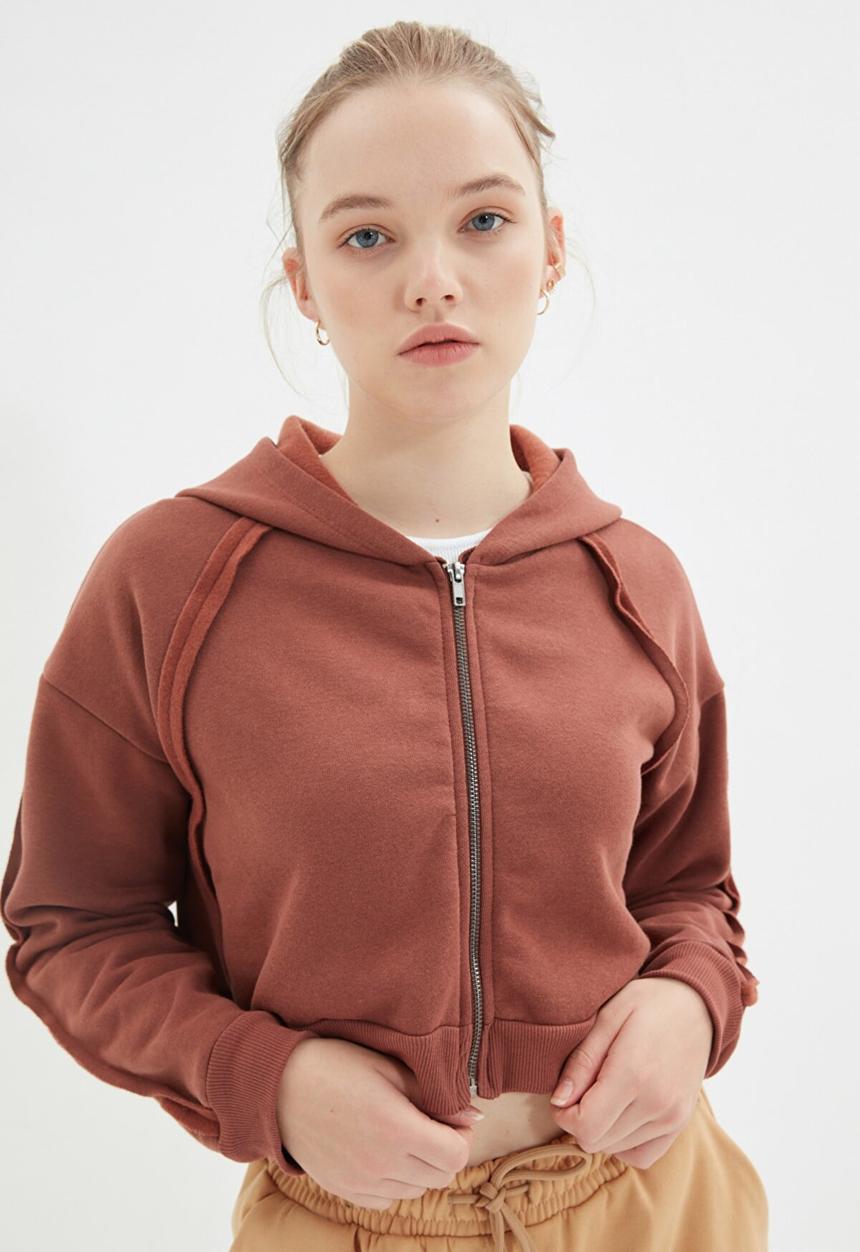 Trendyol - Basic hooded ragged pile knitted sweatshirt - brown