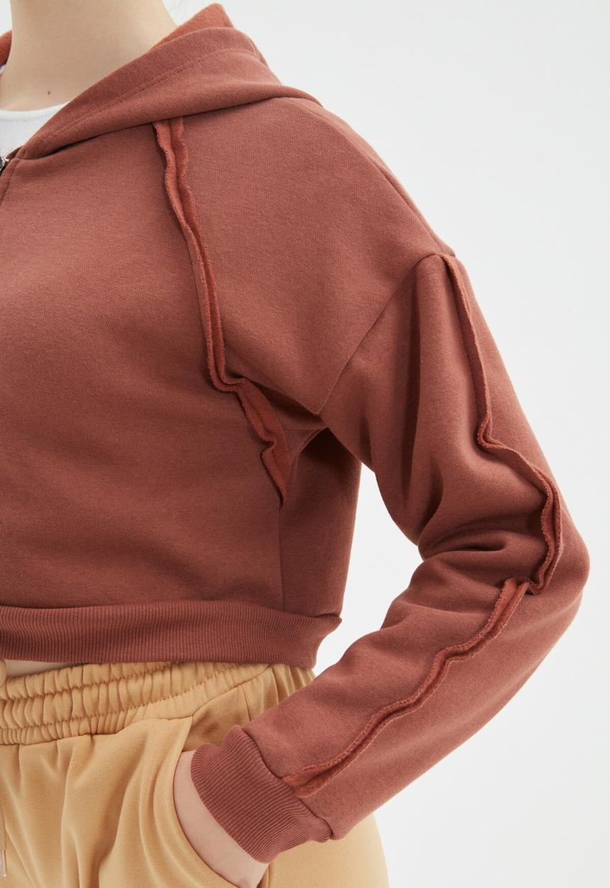 Trendyol - Basic hooded ragged pile knitted sweatshirt - brown