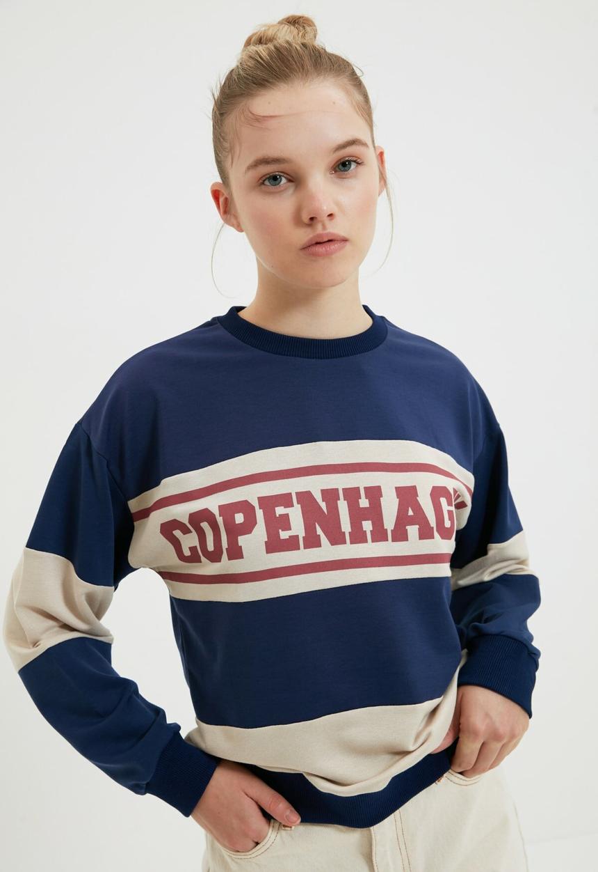 Trendyol - Printed basic thin knitted sweatshirt  - navy
