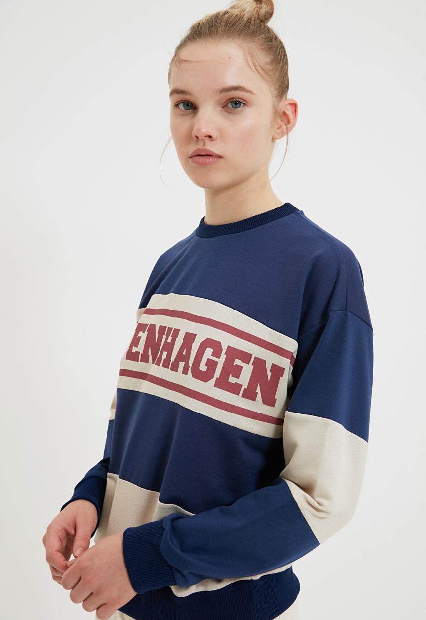 Trendyol - Printed basic thin knitted sweatshirt  - navy