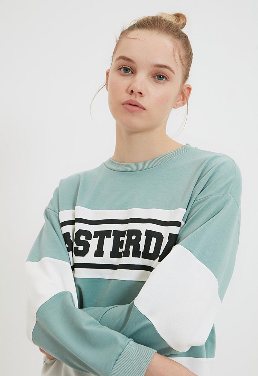 Trendyol - Printed slim basic knitted sweatshirt - mint
