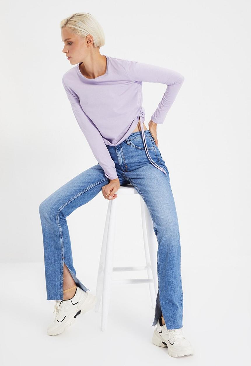 Trendyol - Pleated basic knit t-shirt - lilac