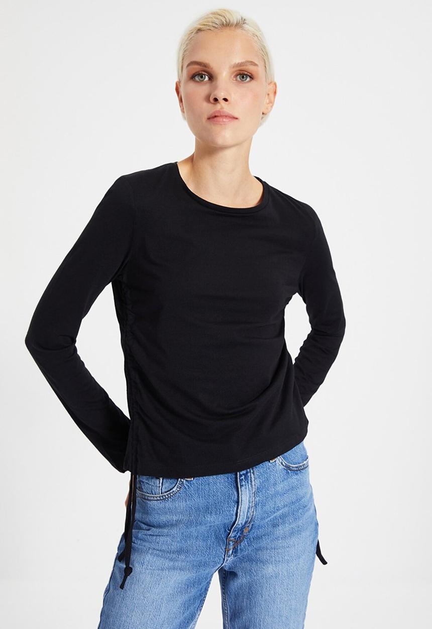 Trendyol - Pleated basic knit t-shirt - black