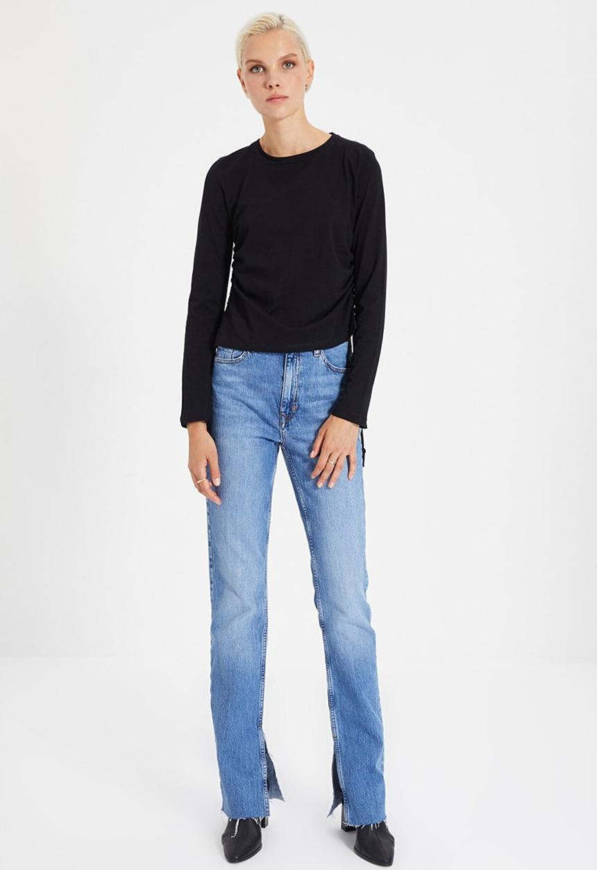 Trendyol - Pleated basic knit t-shirt - black