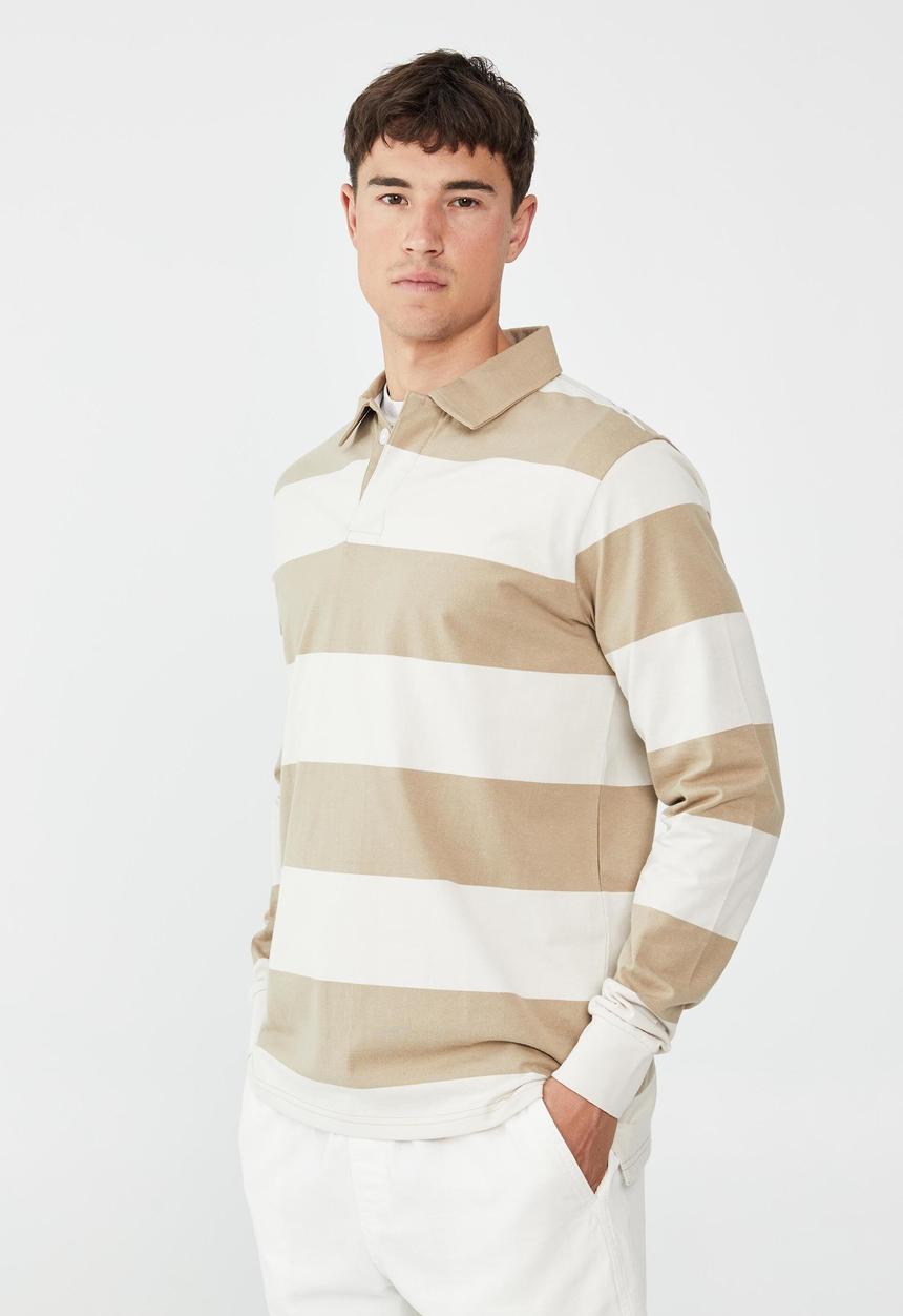 Cotton On - Rugby long sleeve polo-gravel stone bold stripe