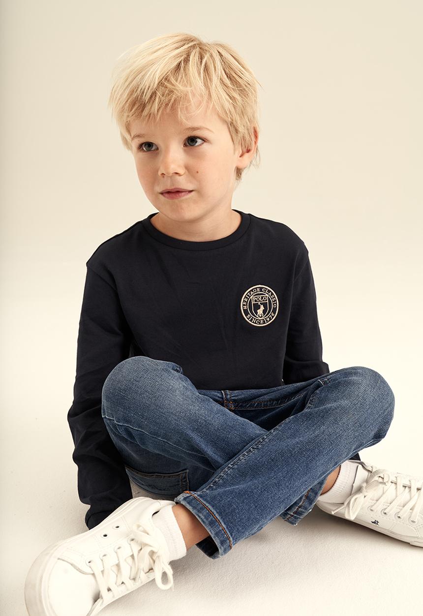 POLO - Boys crested long sleeve rib cuff tee - navy