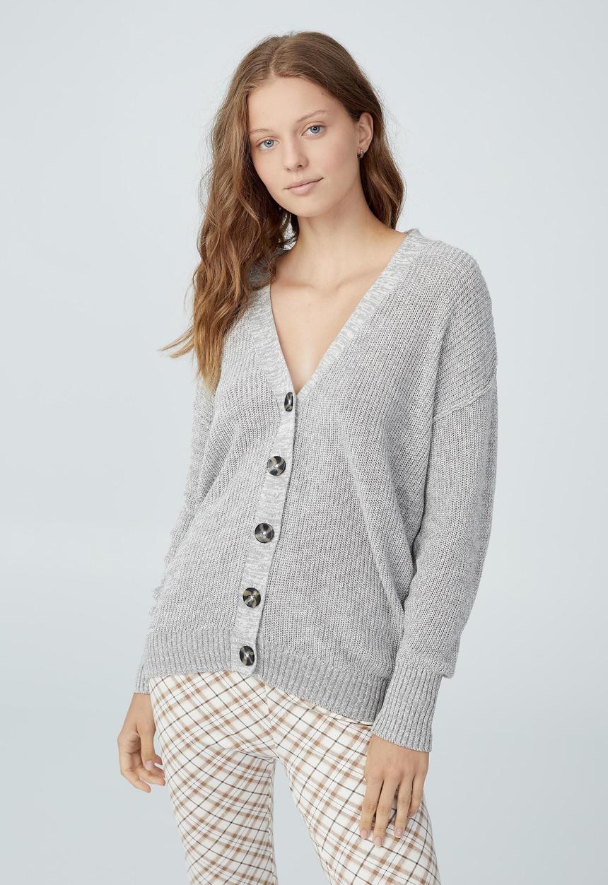 Cotton On - Everyday rib boyfriend cardi - ash grey/white twist