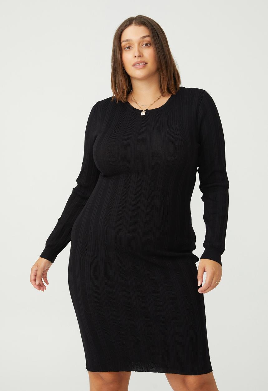 Cotton On - Curve midi knit crew neck long sleeve dress - black