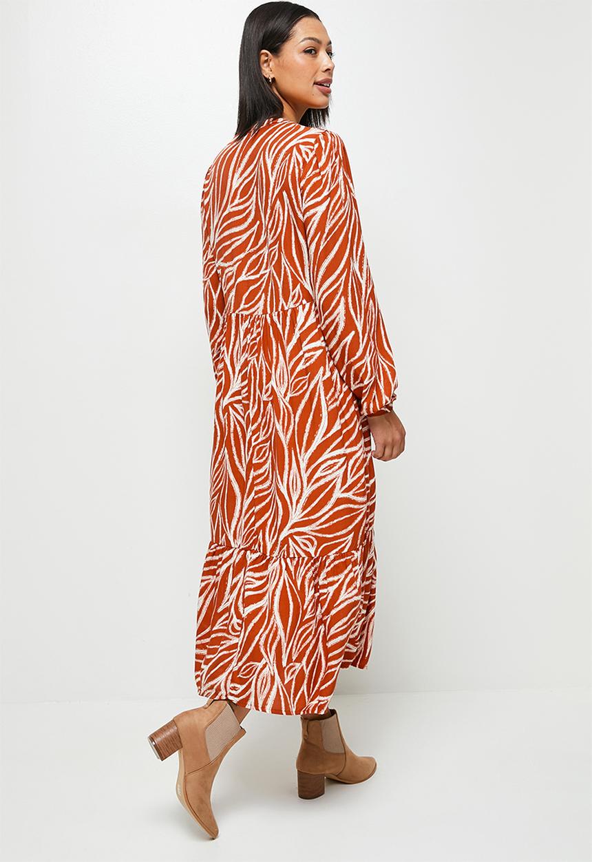 edit - Mandarin collar tiered maxi - rust doodle