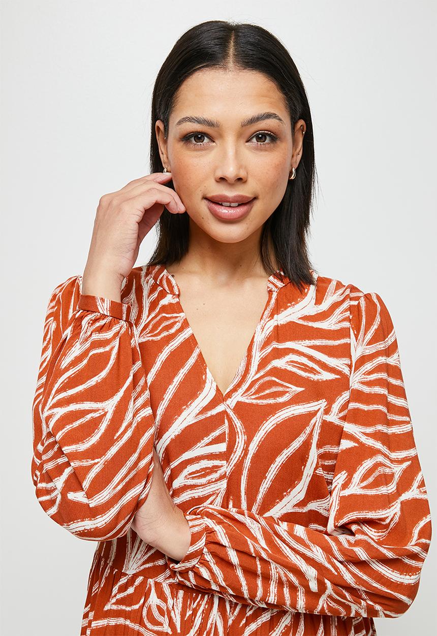 edit - Mandarin collar tiered maxi - rust doodle