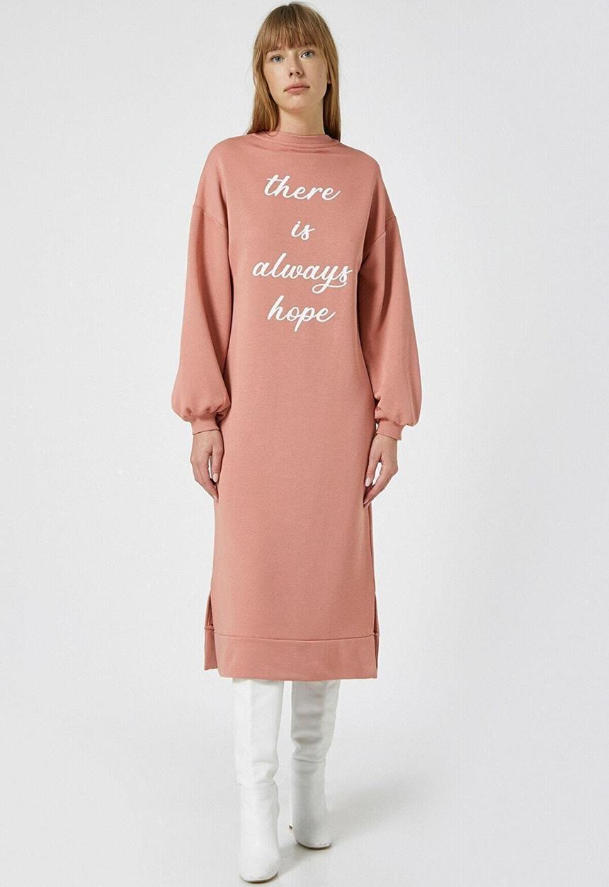 Koton - Cotton long sleeve letter printed dress - pink