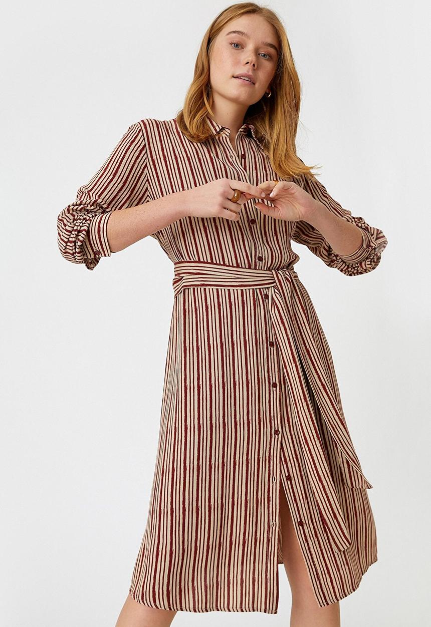 Koton - Belt waist shirt dress - maroon stripes
