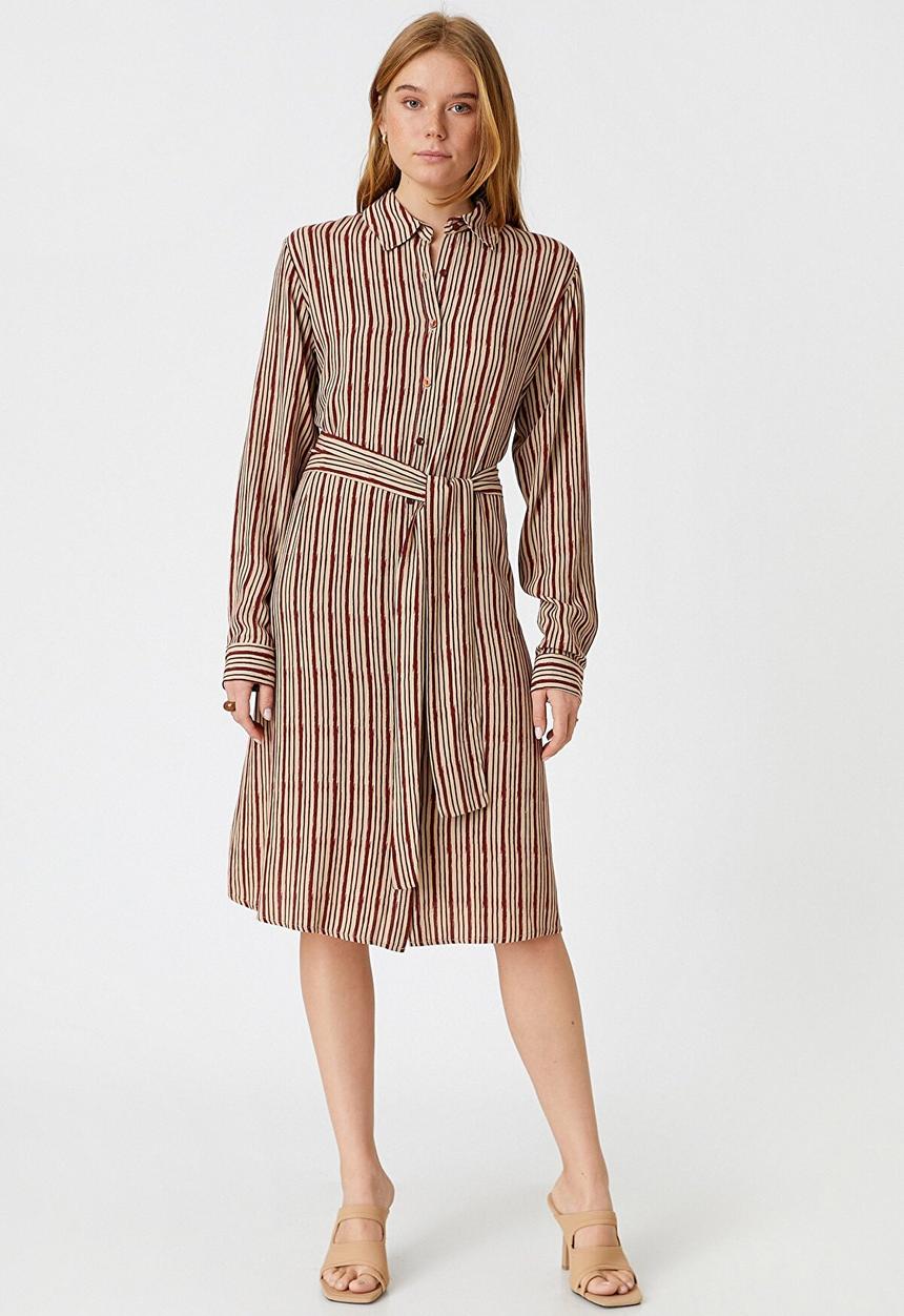 Koton - Belt waist shirt dress - maroon stripes