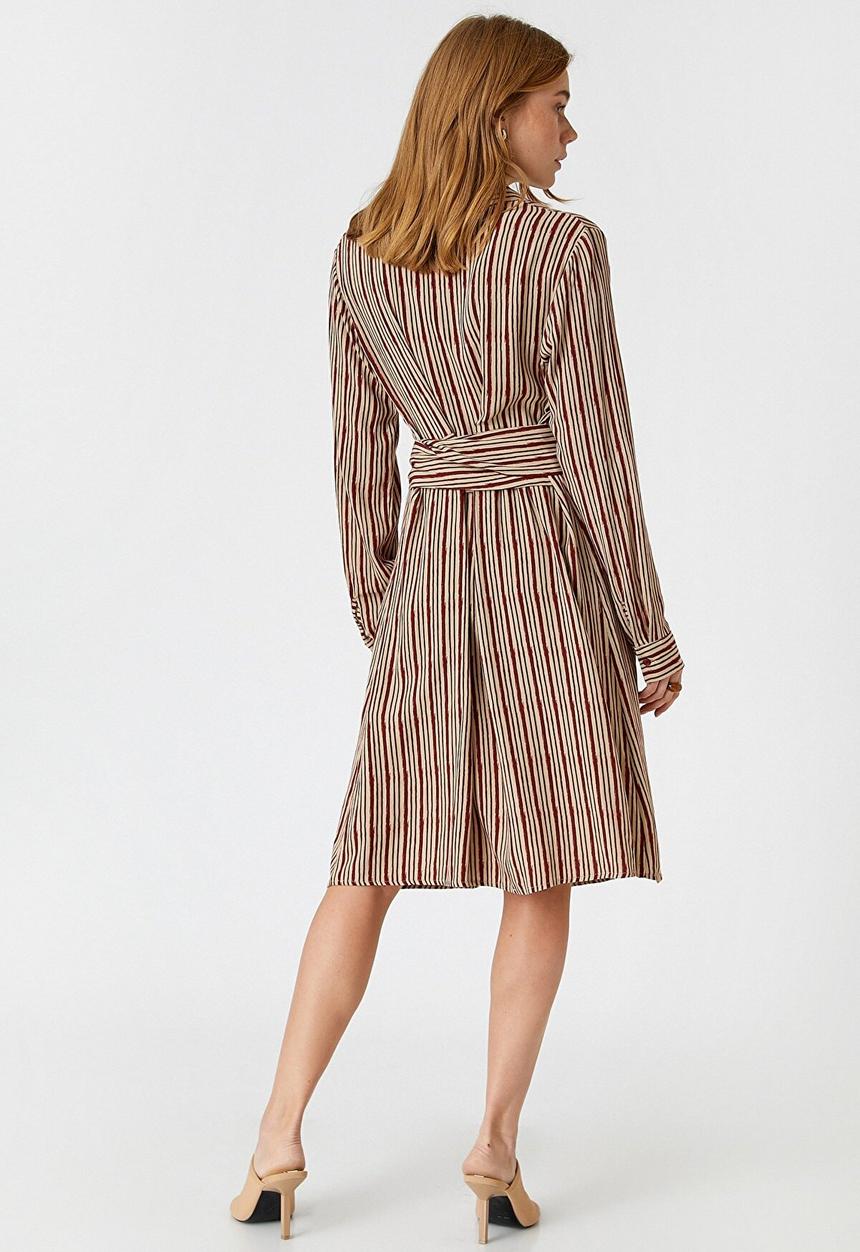 Koton - Belt waist shirt dress - maroon stripes