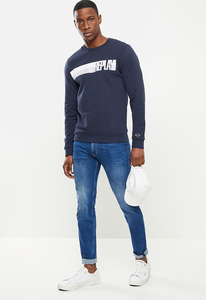 Replay - Replay side printed logo sweat crew - navy