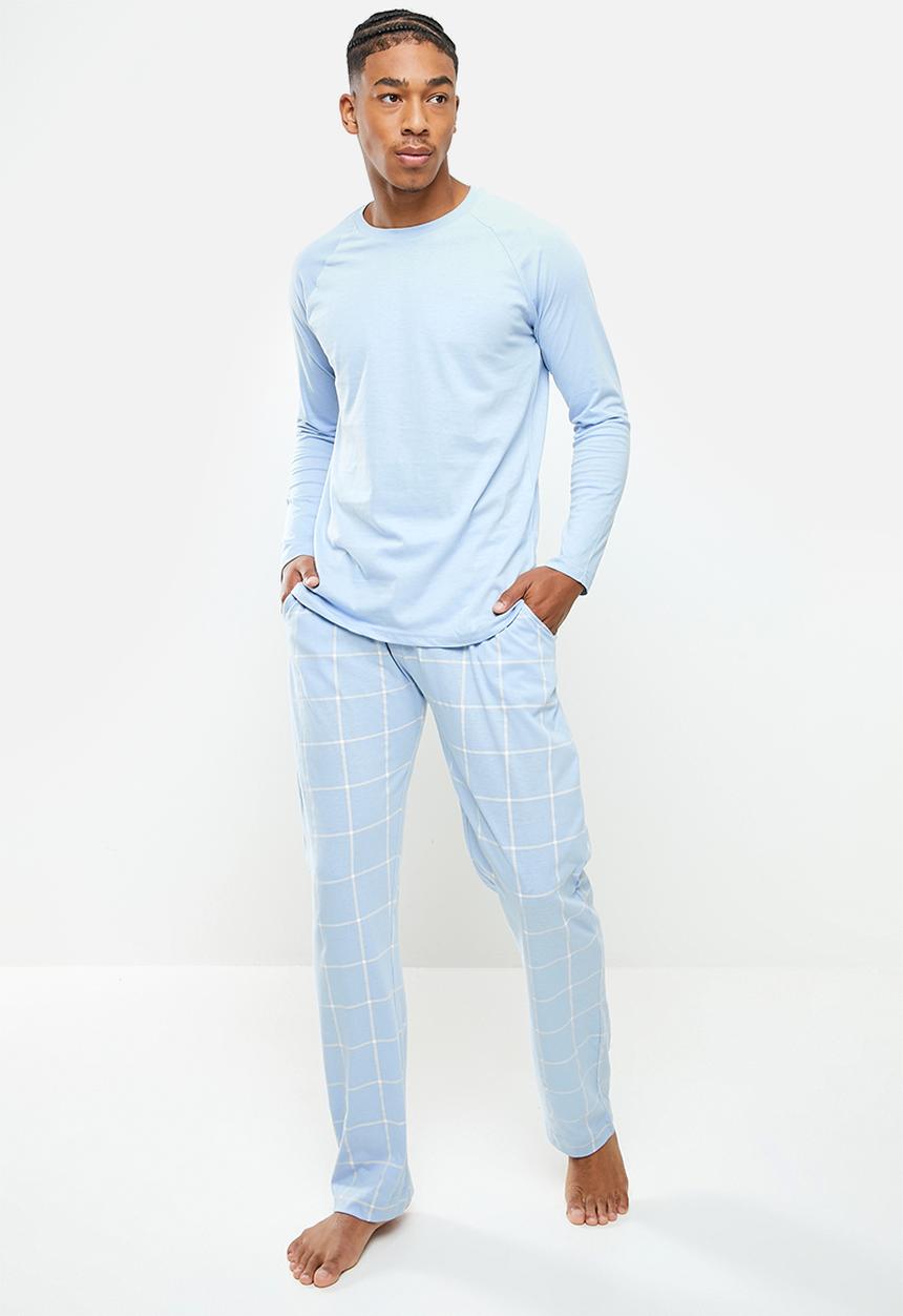 Brave Soul - Gareth long sleeve sleep set - blue & ecru