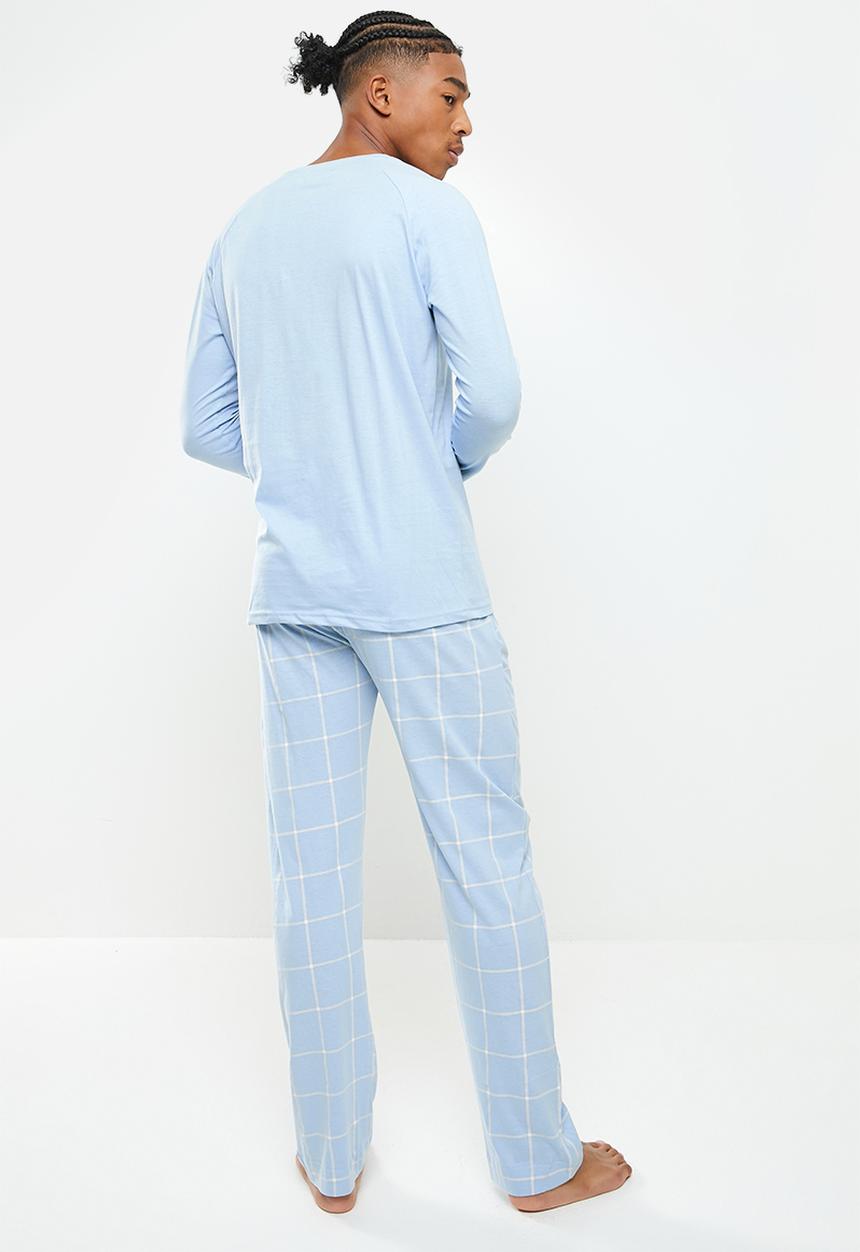 Brave Soul - Gareth long sleeve sleep set - blue & ecru