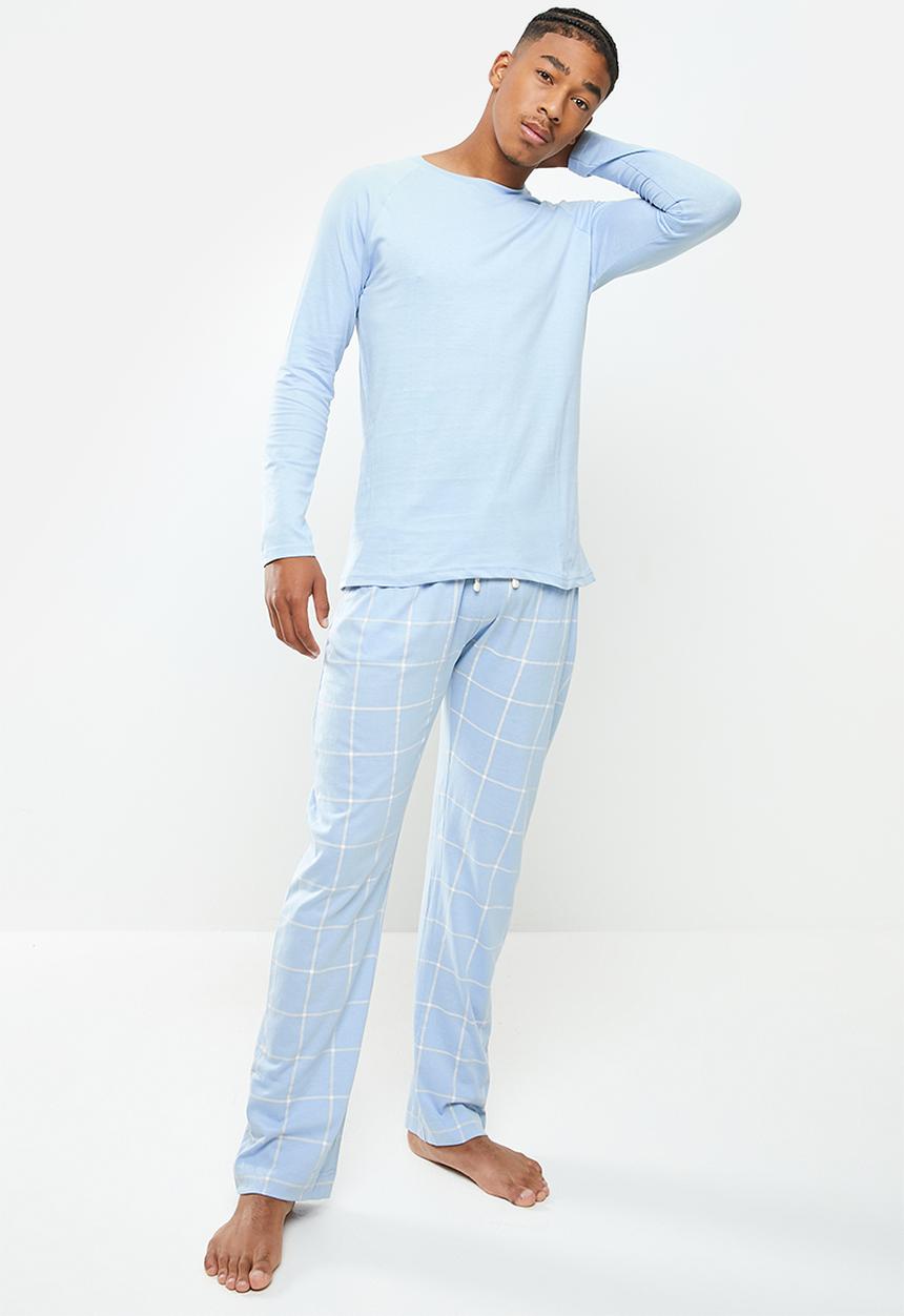 Brave Soul - Gareth long sleeve sleep set - blue & ecru