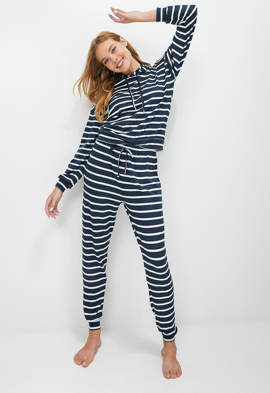 Blake - Printed soft touch hoodie sleep set - navy & milk stripe