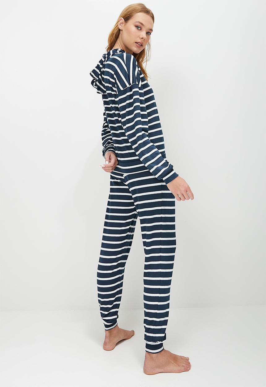 Blake - Printed soft touch hoodie sleep set - navy & milk stripe