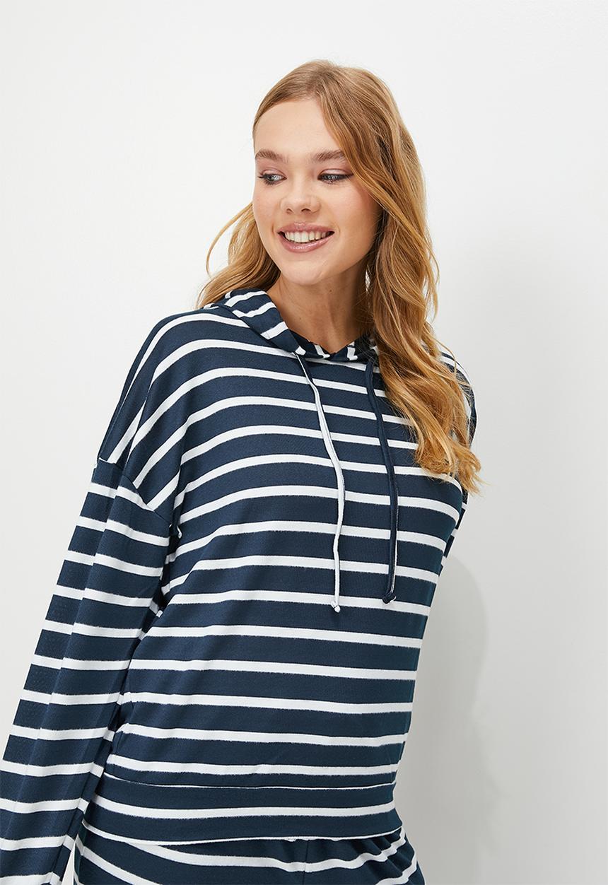 Blake - Printed soft touch hoodie sleep set - navy & milk stripe
