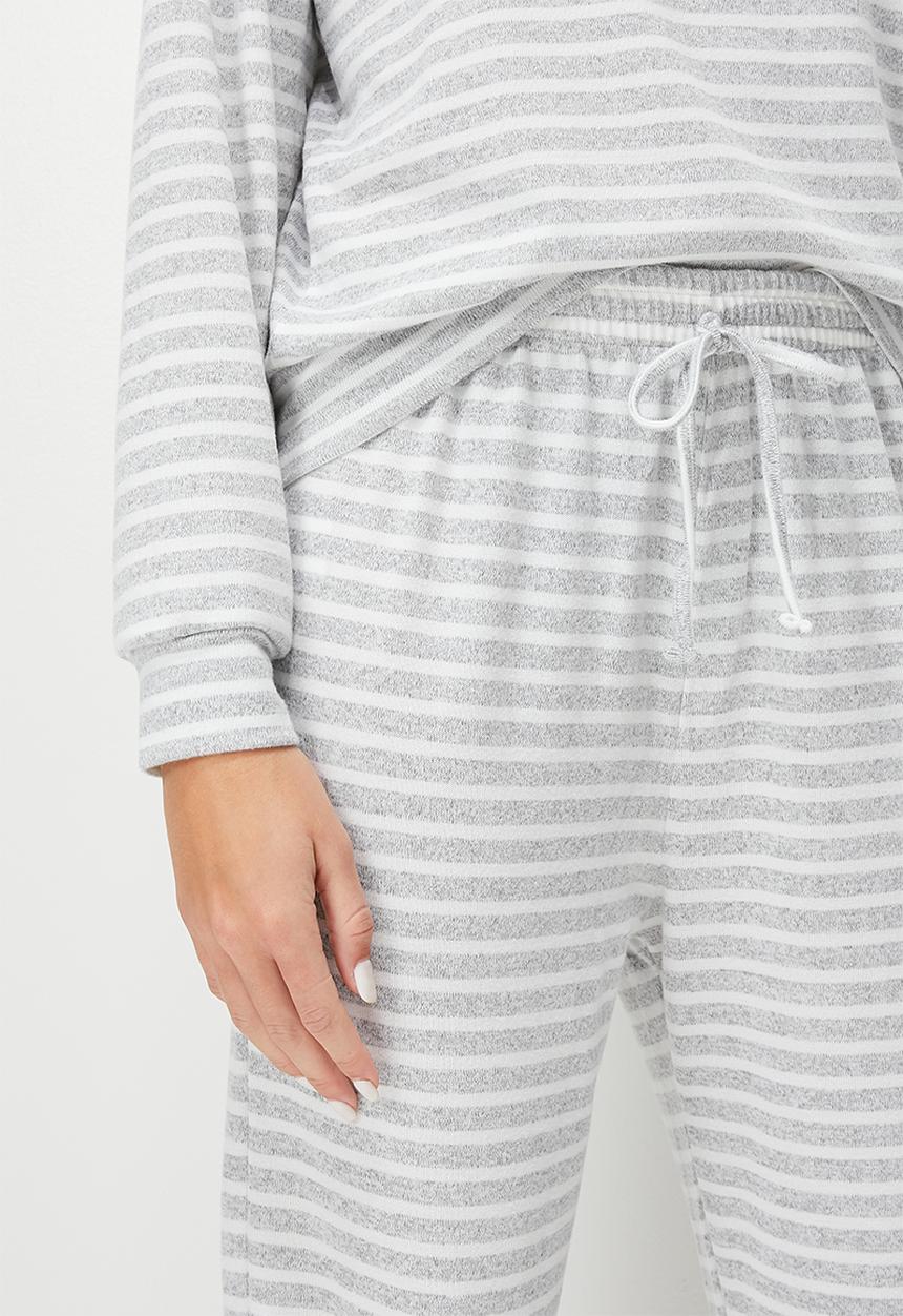 Blake - Printed soft touch hoodie sleep set - grey & milk stripe