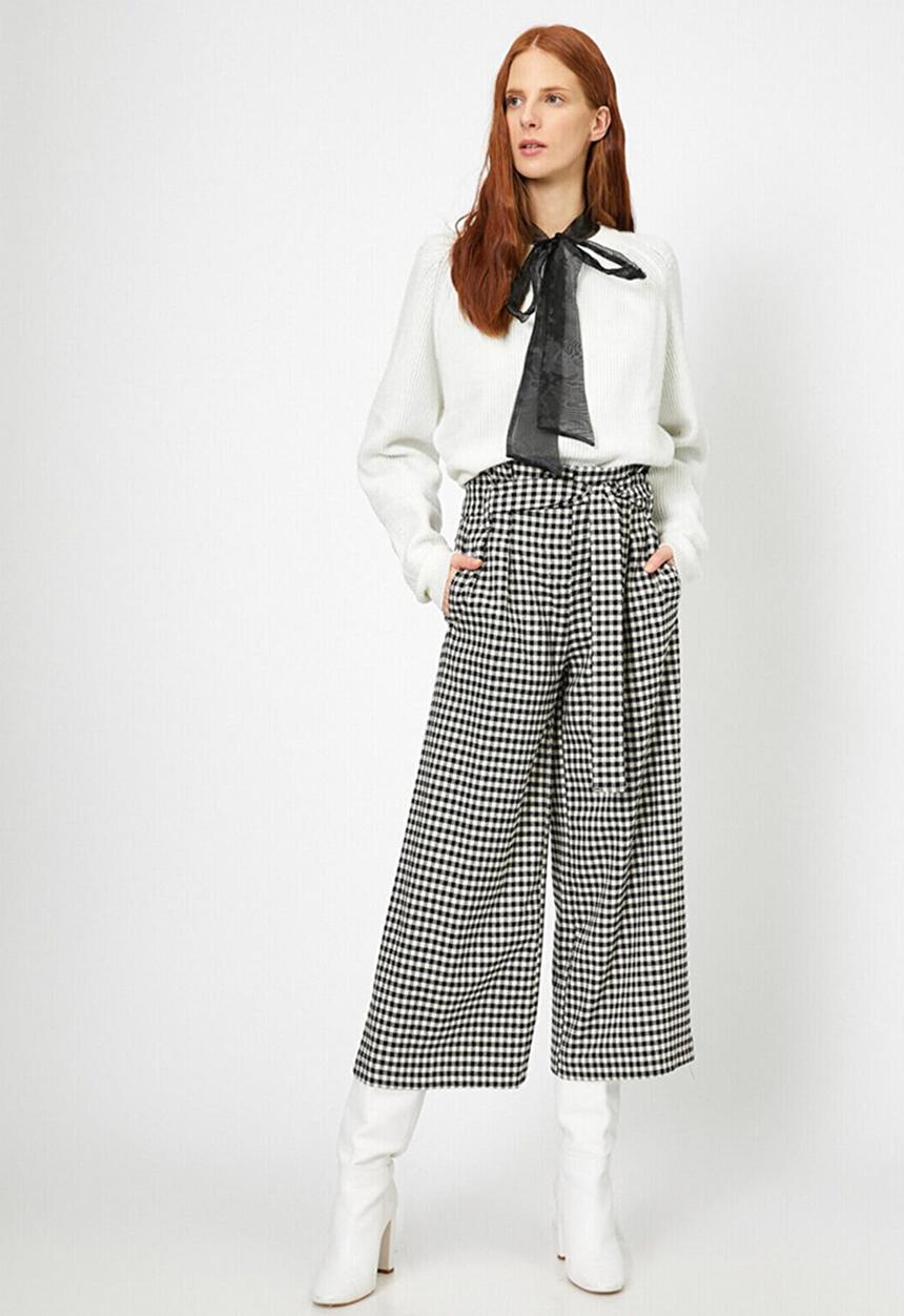 Koton - Medium rise belt detailed trousers - black & white