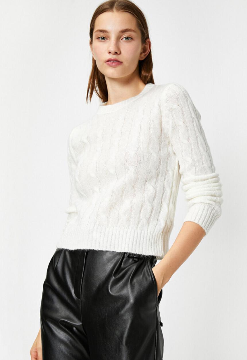 Koton - Crew neck cable knit sweater - ecru