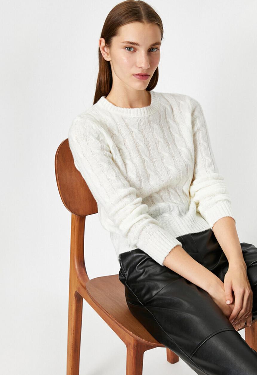 Koton - Crew neck cable knit sweater - ecru