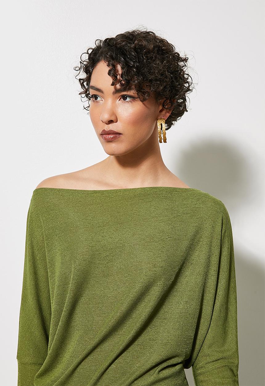 VELVET - Soft touch draped off the shoulder top - green