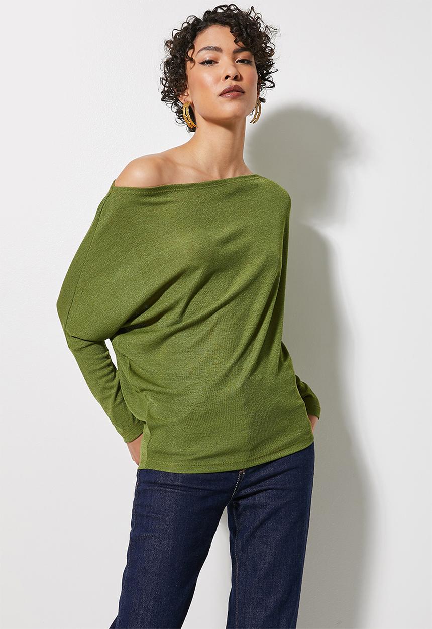 VELVET - Soft touch draped off the shoulder top - green
