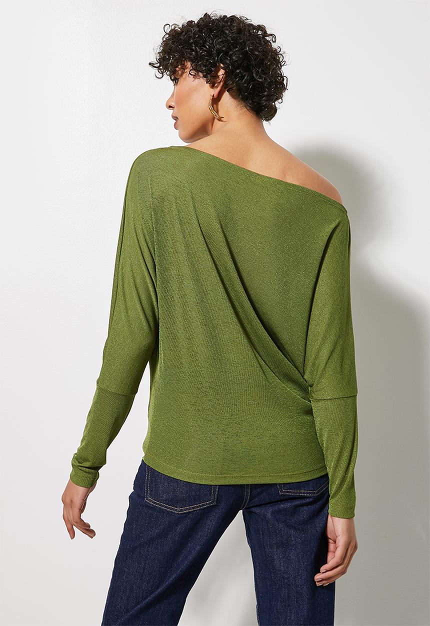 VELVET - Soft touch draped off the shoulder top - green