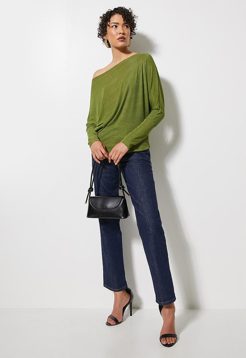 VELVET - Soft touch draped off the shoulder top - green