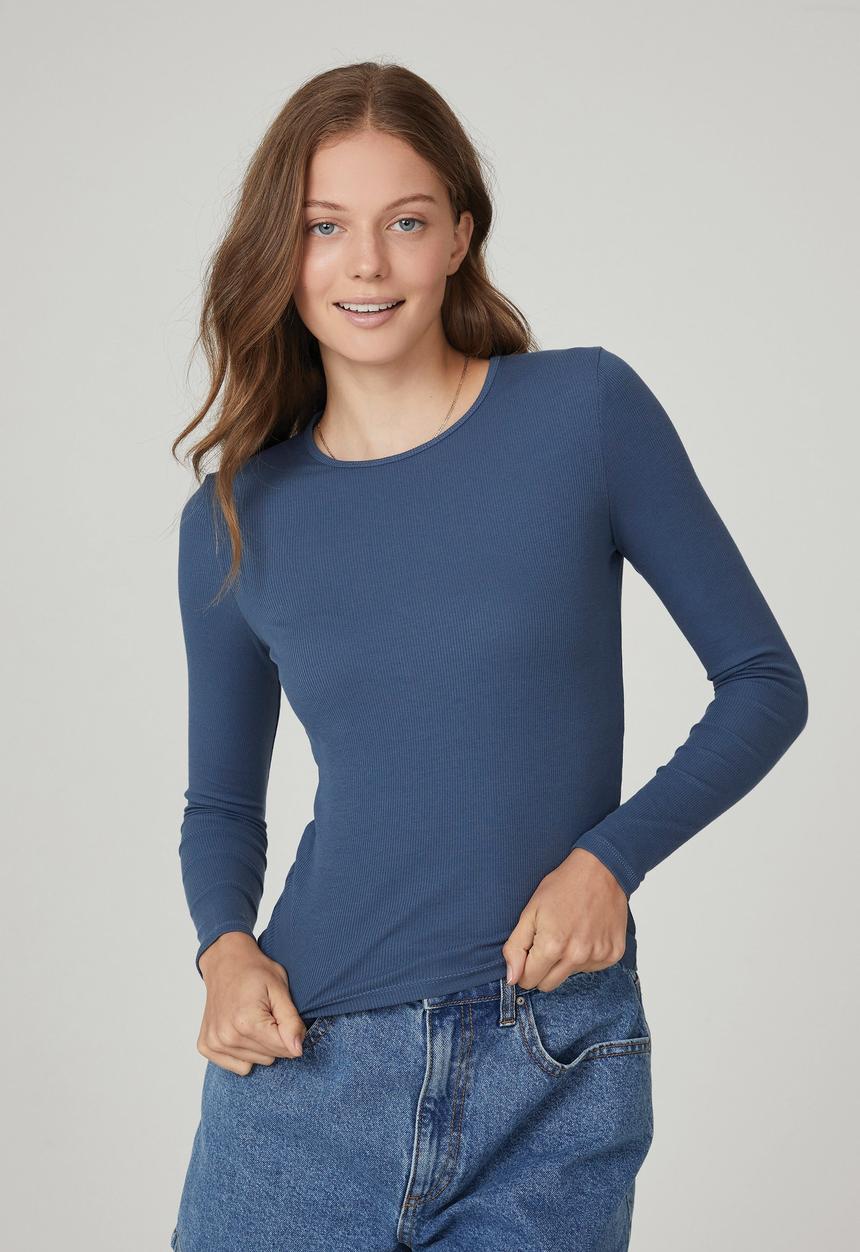 Cotton On - The one organic rib crew long sleeve top - true steel