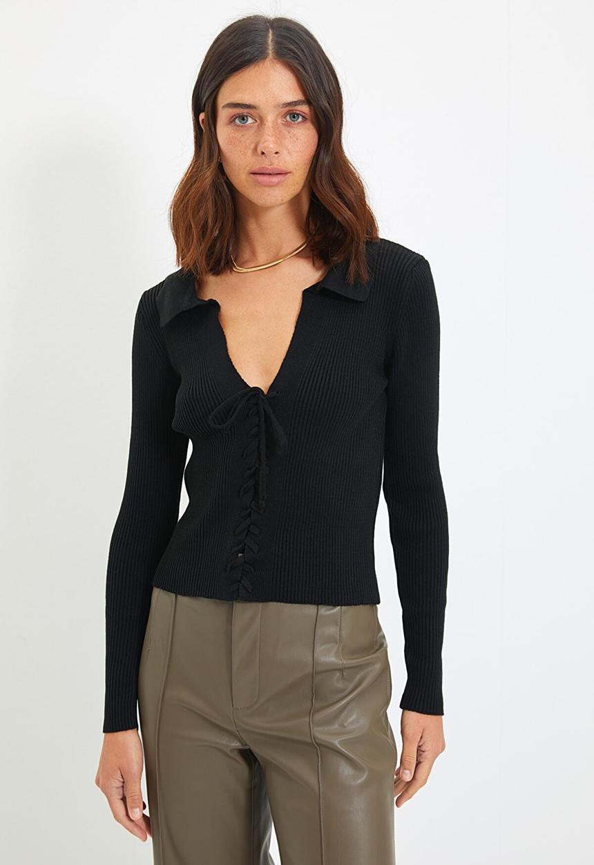 Trendyol - Tie detailed knitwear sweater  - black