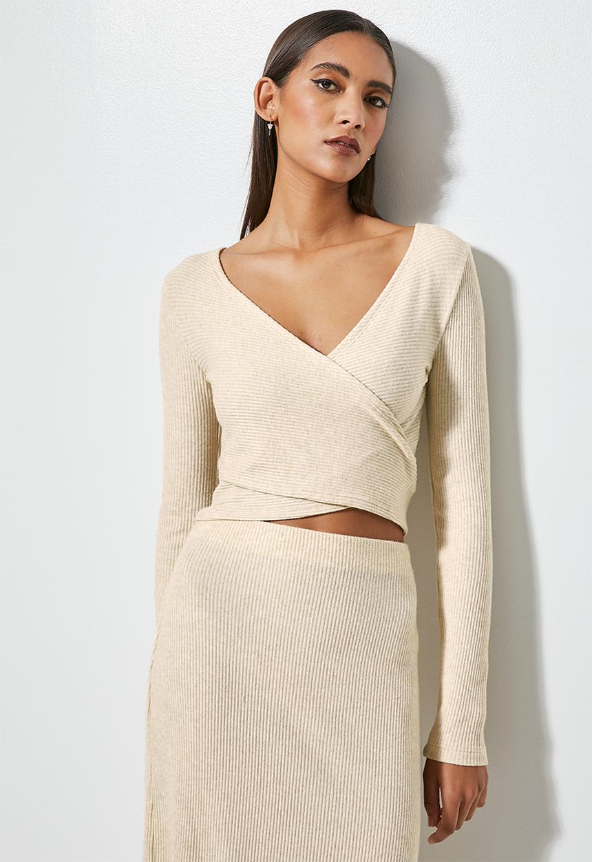 VELVET - Soft touch rib cross over front top - stone