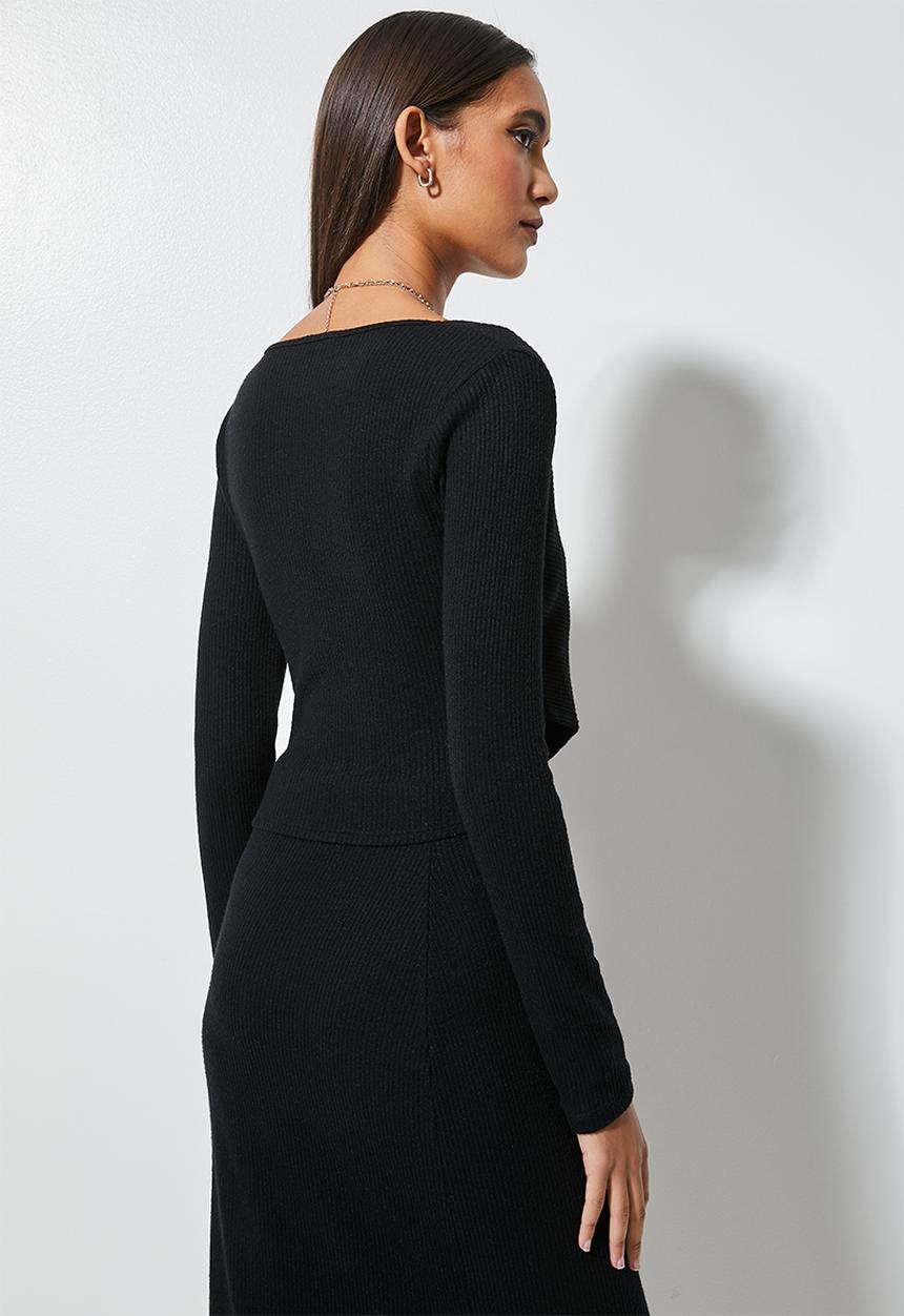 VELVET - Soft touch rib cross over front top - black