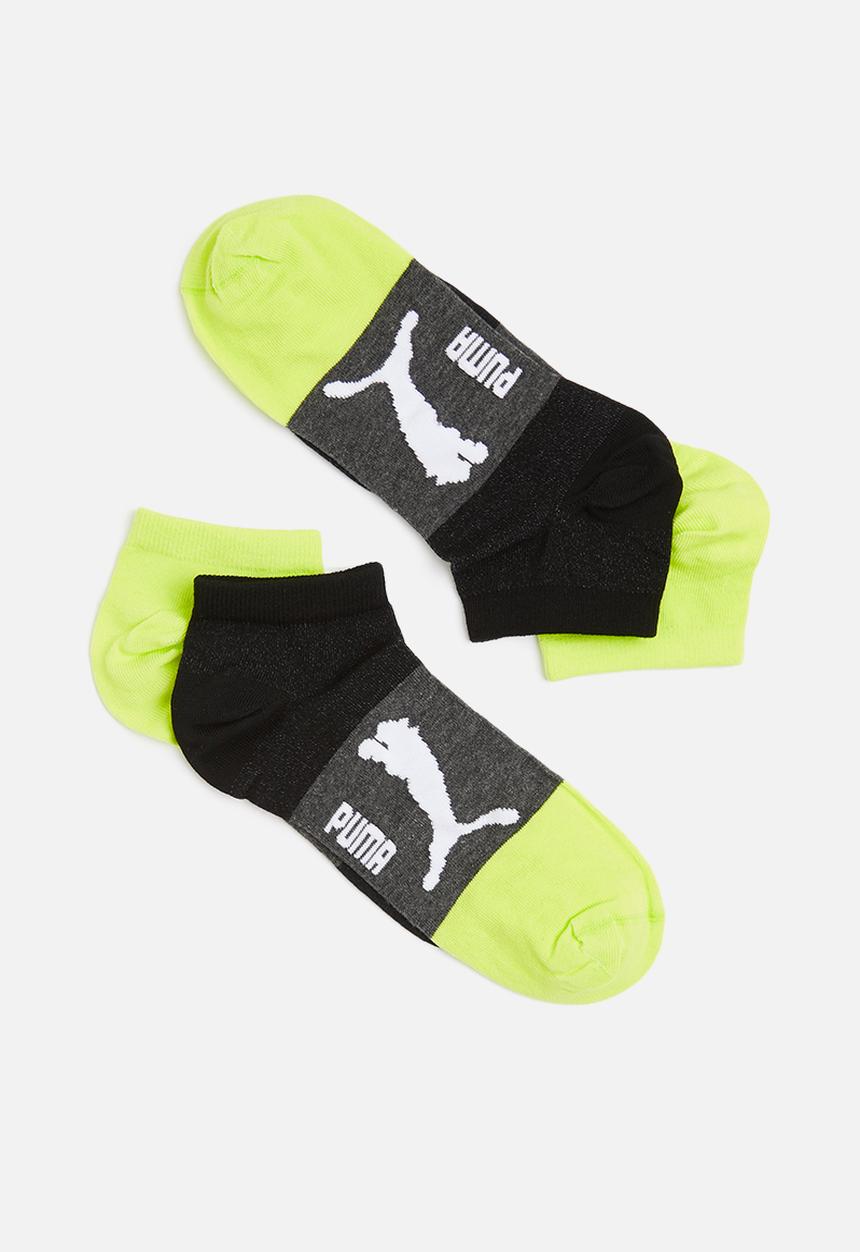 PUMA - Mens 2 pack sneaker socks - black- dark grey heather -lime punch