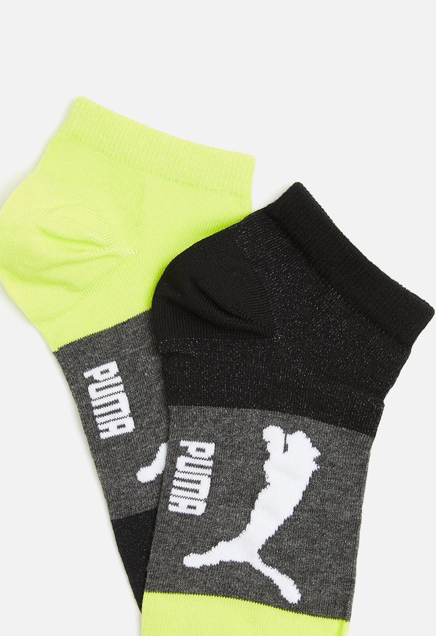 PUMA - Mens 2 pack sneaker socks - black- dark grey heather -lime punch