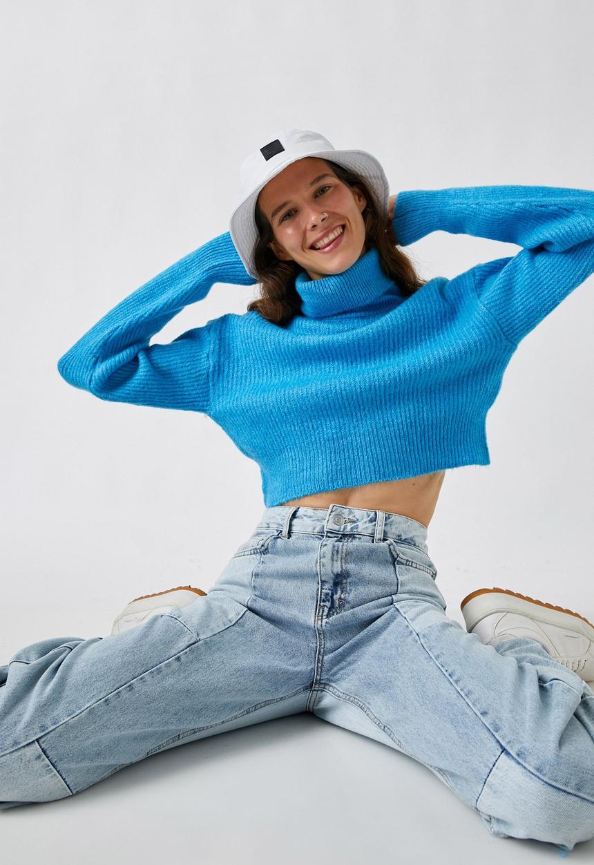 Koton - Crop turtleneck ribbed sweaters - blue