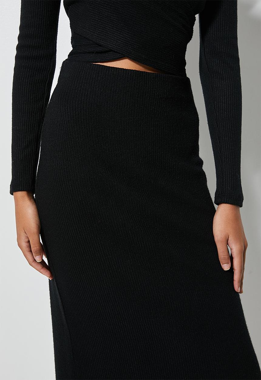 VELVET - Co ord Soft touch rib column pencil with slit - black